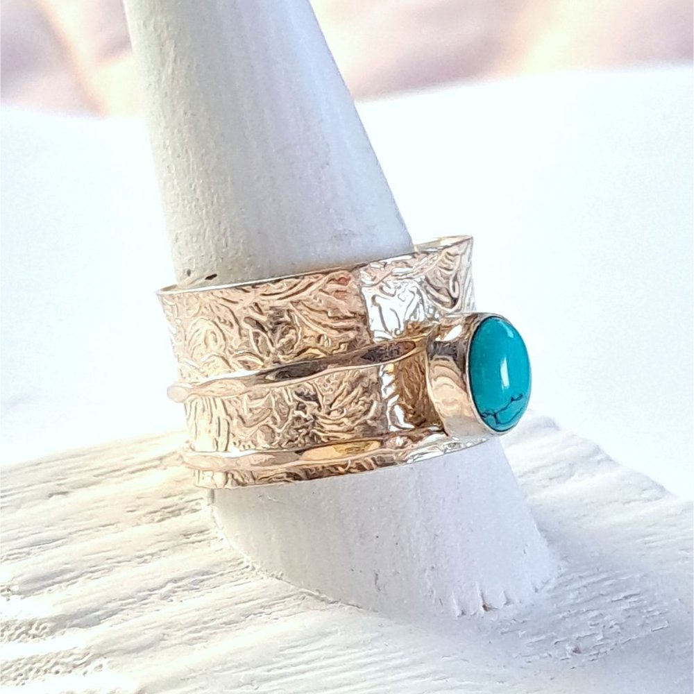 Natural Turquoise Steering Silver Meditation Fidget Spinner Ring - Picture 12 of 13